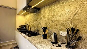 Economy Apartment, Balcony, City View | Private kitchen | Fridge, microwave, oven, stovetop