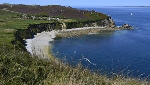 A coastal landscape with a cliff, beach, and a small sailboat. - Apartment in a beautiful house in the countryside near the ocean. (Plévenon)