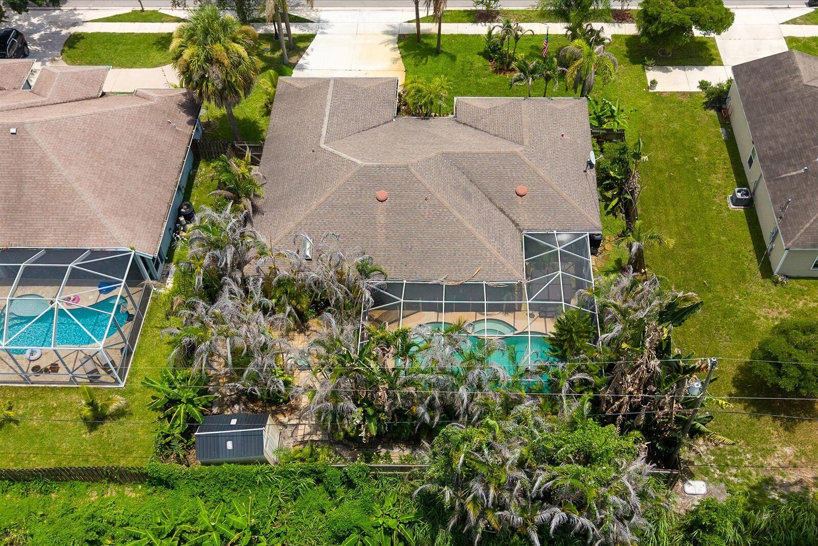 A residential area with multiple houses, a swimming pool, and a fenced area with palm trees.