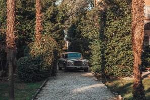 A vintage car parked on a gravel path surrounded by dense foliage. - Villa Evelina (Travedona-Monate)