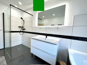 A modern bathroom with a glass shower enclosure, a white vanity with a black countertop, and a large mirror above the sink.