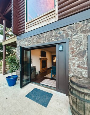 A modern building entrance with a stone facade, a glass door, and a blue potted plant.
