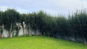 Ein Garten mit einer Holzbank, einem Rasen und einem Metallzaun.