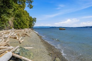 A beach with driftwood, clear water, and distant mountains. - Walk to Private Beach: Bay-View Whidbey Island Gem (Oak Harbor)