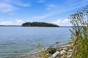 A calm lake with a small island covered in trees. - Walk to Private Beach: Bay-View Whidbey Island Gem (Oak Harbor)