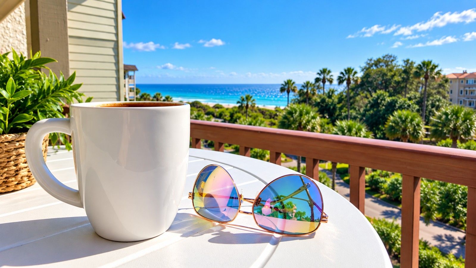 A white mug and reflective sunglasses on a white table with a view of a beach and palm trees.