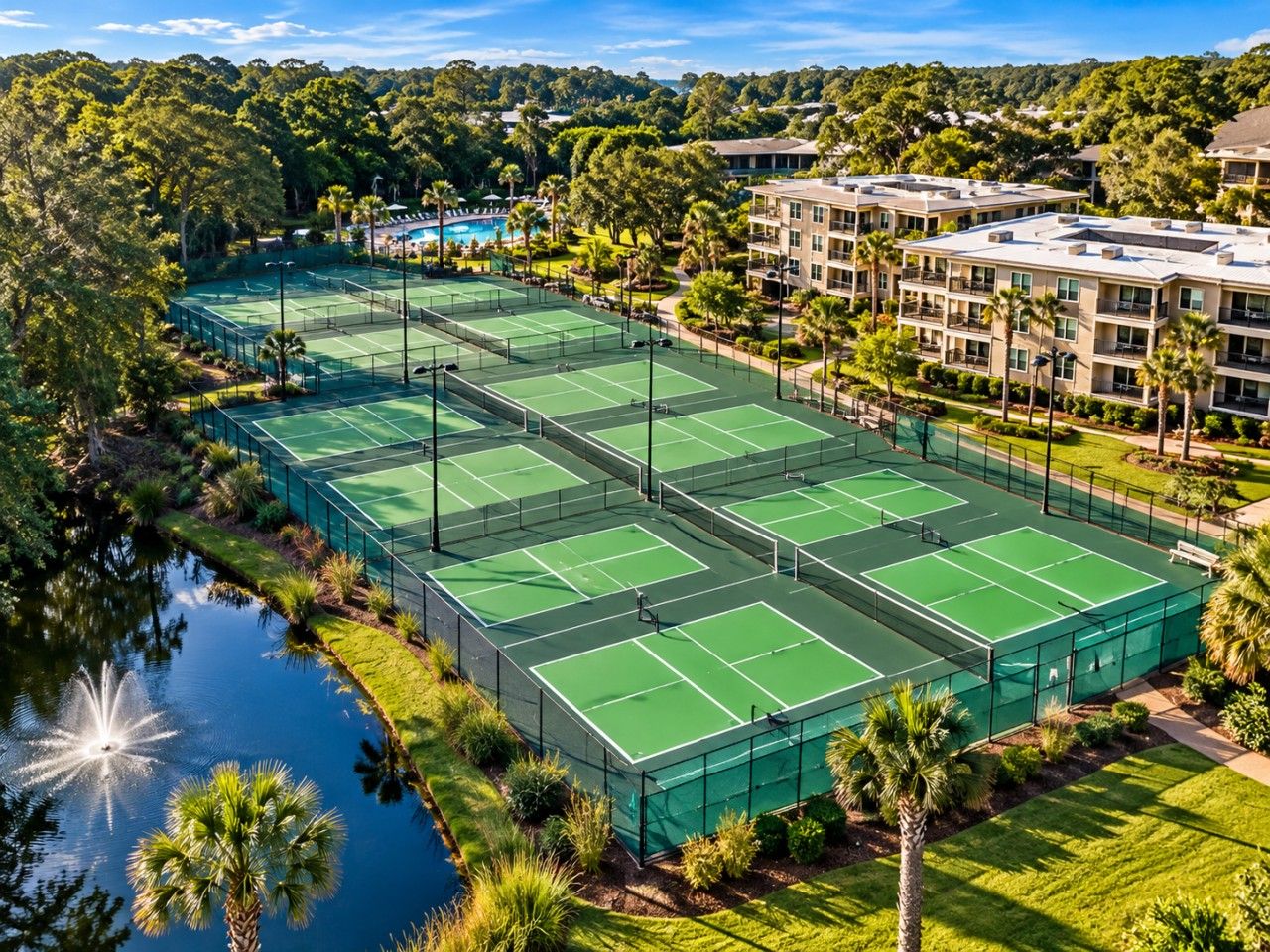 A tennis court complex surrounded by greenery and a body of water.