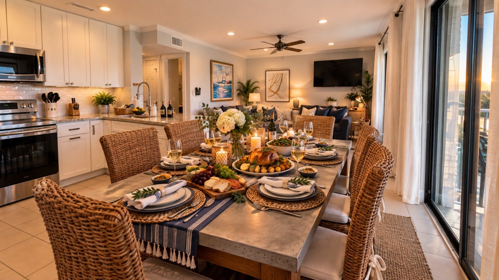 A dining area with a long table set for a meal, surrounded by wicker chairs.