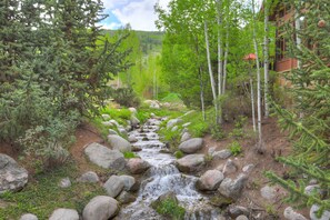 A natural stream flowing through a forested area with large rocks and trees, leading to a building with a red roof. - Premium Arrowhead Village 1br Condo Walk To Lift! 1 Bedroom Condo (Edwards)