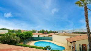 Una piscina con bordo curvo, circondata da una recinzione e una palma a destra.