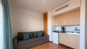 Een knus woongedeelte met een bank, een kitchenette en een houten vloer.