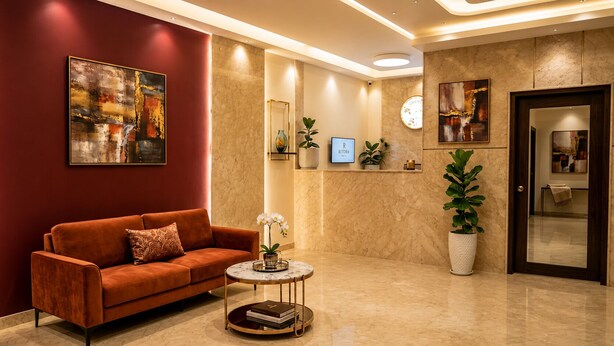 A lobby with a red sofa, a marble coffee table, and a reception desk.