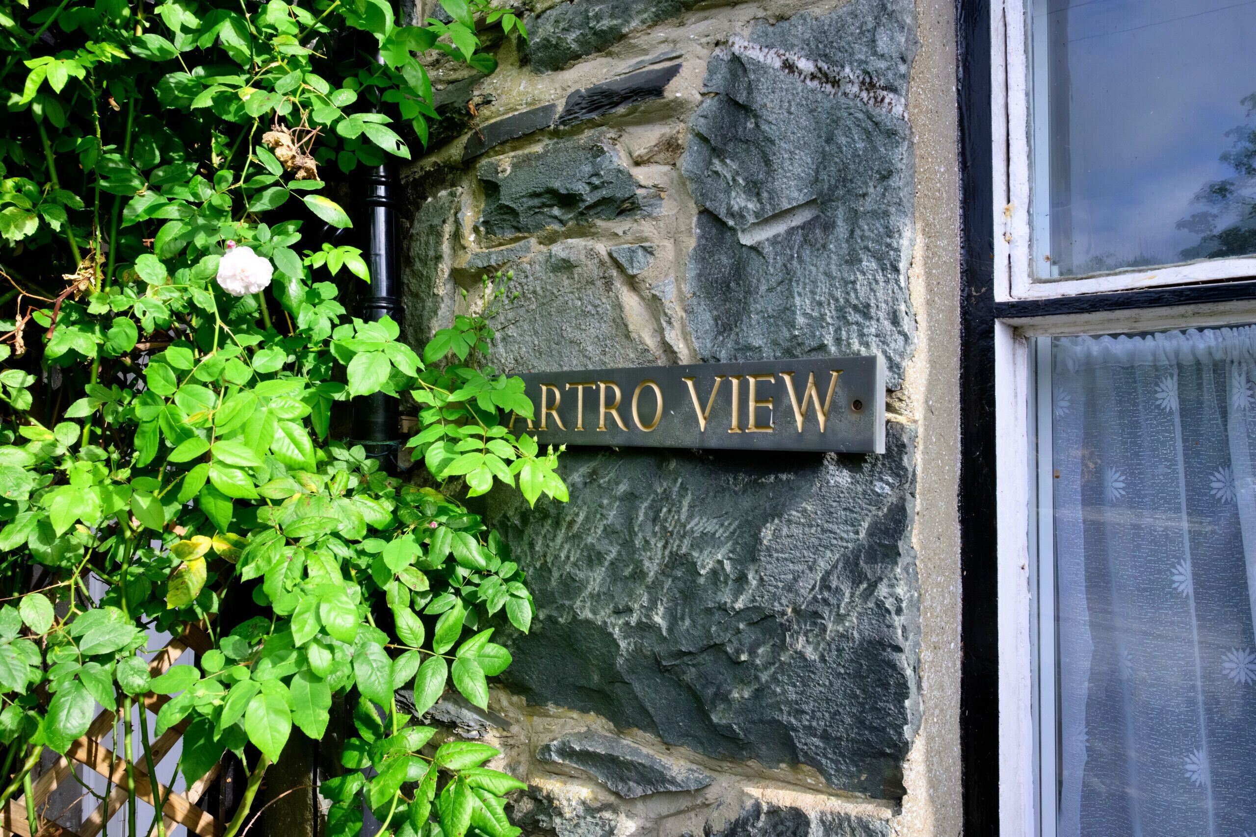 Un mur de pierre sur lequel est apposée une enseigne indiquant « Retro View », et du feuillage vert.
