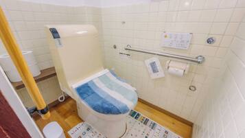 A bathroom with a toilet, a handrail, a roll of toilet paper, and a patterned mat on the floor.