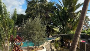 A backyard with a swimming pool, palm trees, and a stone wall. - Villa de Flore, sea view with private pool, 15 minutes from the beaches🌴and renovated (La Possession)