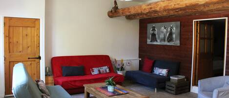 A living room with a red sofa, a blue sofa, a wooden coffee table, and a grey armchair.