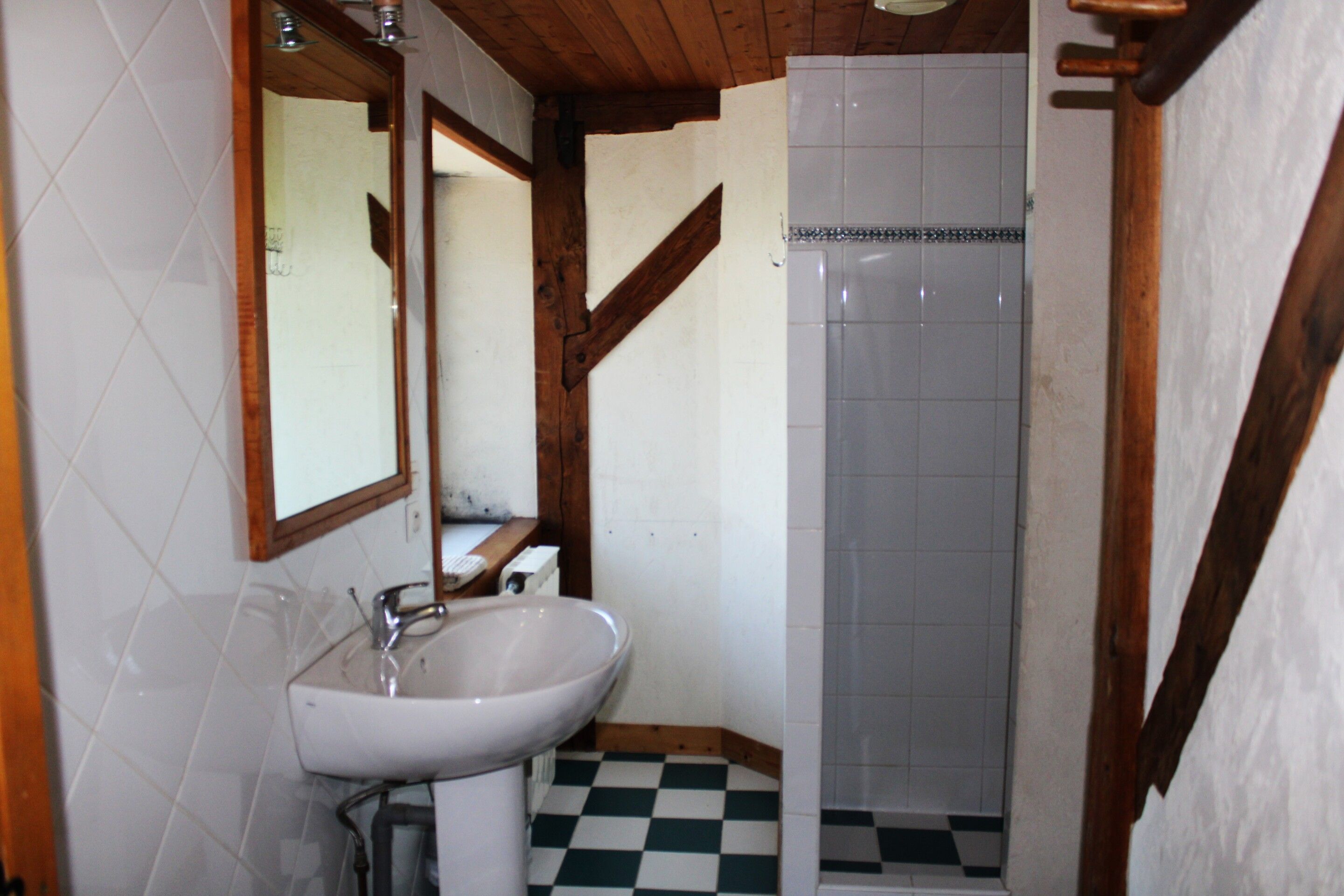 Un baño con lavamanos blanco, espejo y zona de ducha.