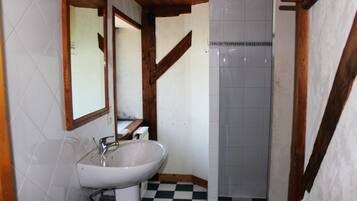 Une salle de bain avec un lavabo blanc, un miroir et un espace douche.