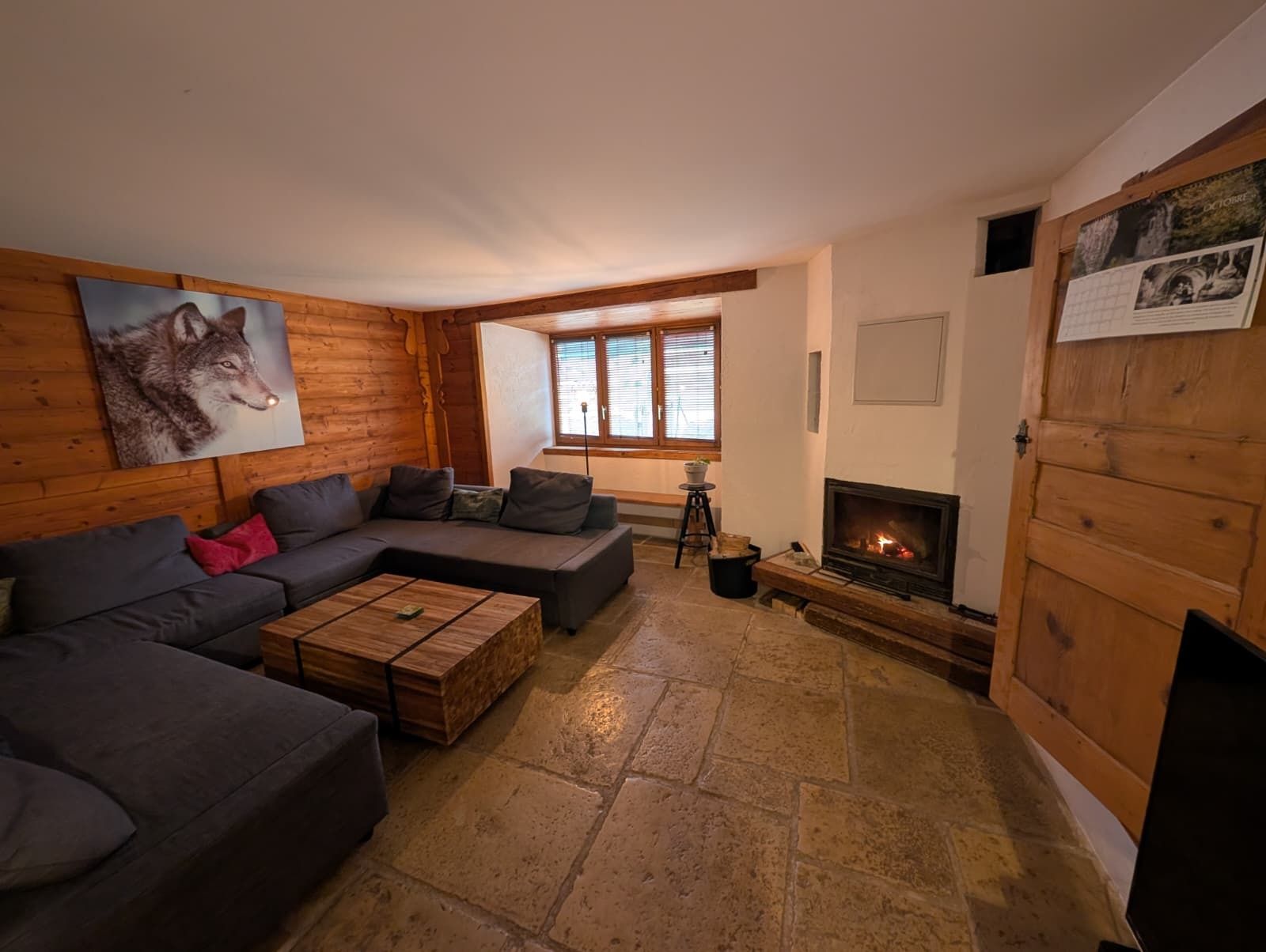 Een gezellige woonkamer met een open haard, een bank, een bijzettafeltje en een schilderij van een wolf.