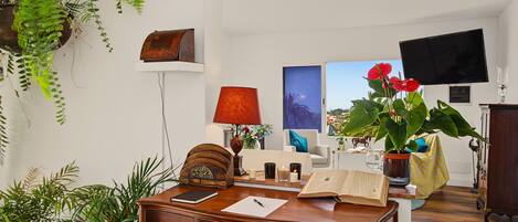Una habitación con escritorio, libros, lámpara, televisor y varias plantas.
