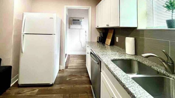 Una cocina estrecha con refrigerador, lavavajillas, encimera de granito, pileta de acero inoxidable y una planta en maceta.
