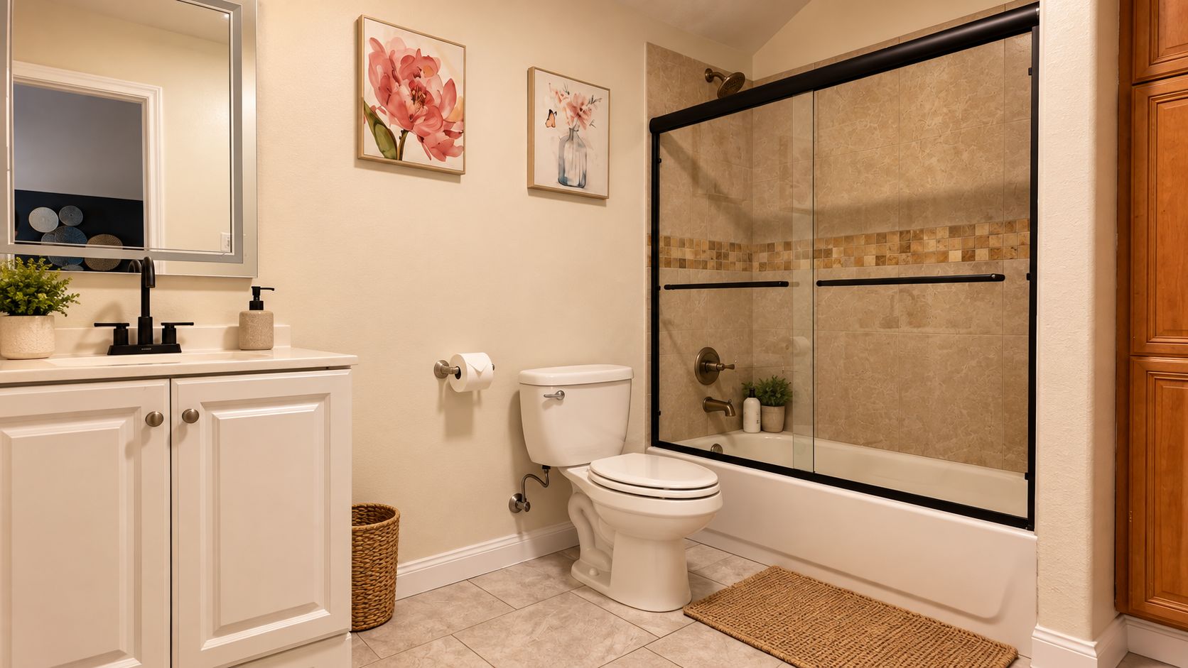 A bathroom with a toilet, sink, mirror, and shower area.