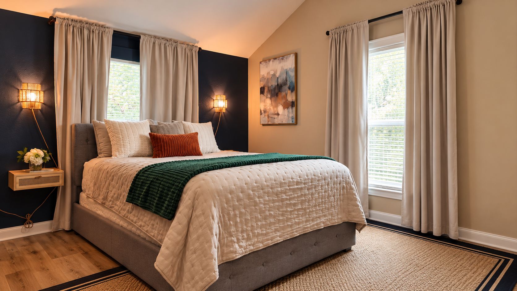 Cozy, stylish bedroom with plush king bed, warm lighting, and natural light