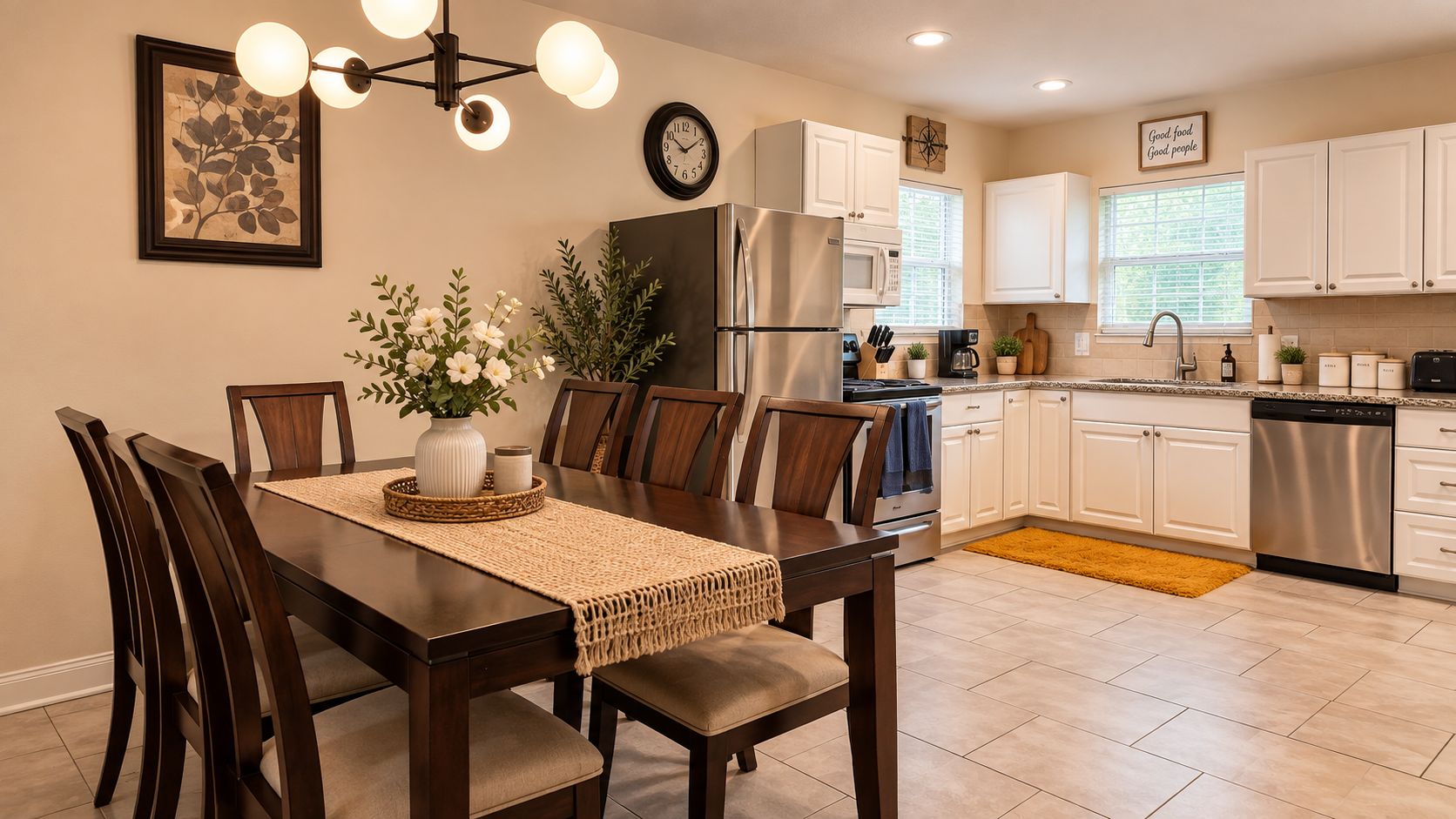 Una cocina moderna con armarios blancos, electrodomésticos de acero inoxidable y un comedor con mesa y sillas de madera.