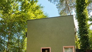 A small, single-story building with a green exterior, a small door, and a window with a red frame. - Lovely private house on the Shekvetili coast (Shekvetili)