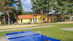 A ping pong table with a paddle, surrounded by a grassy area with a yellow building in the background. - Modern Eingerichteter Doppelbungalow mit Garten in Mirow (Mirow)