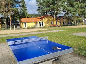 A ping pong table with a paddle, surrounded by a grassy area with a yellow building in the background. - Modern Eingerichteter Doppelbungalow mit Garten in Mirow (Mirow)