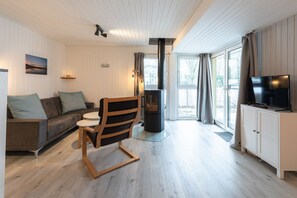 A modern living room with a sofa, a wooden chair, a television, and a fireplace. - Modern Eingerichteter Doppelbungalow mit Garten in Mirow (Mirow)
