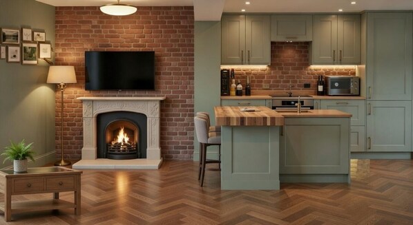Una sala de estar con chimenea, un televisor montado encima y una cocina con armarios verde claro y encimera de madera.