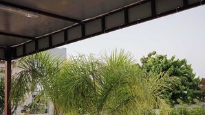 Un espacio al aire libre cubierto, con suelo de concreto, rodeado de plantas y árboles.