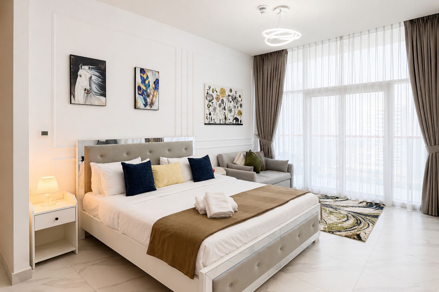 A modern bedroom with a large bed, a sofa, and artwork on the walls.