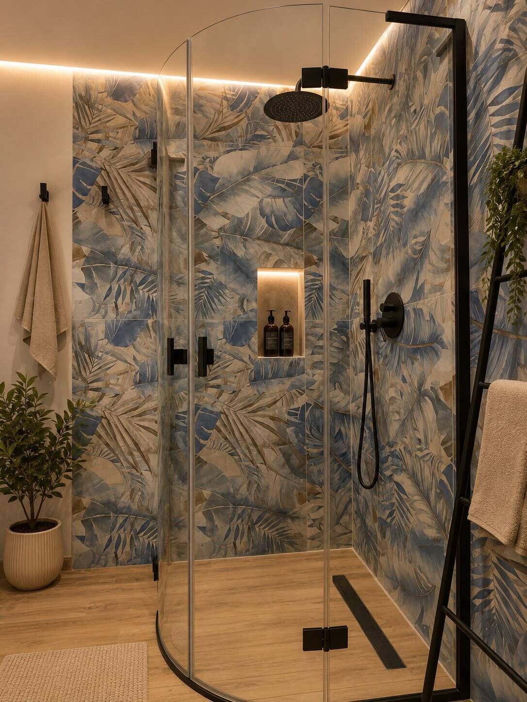 A modern shower enclosure with a glass door, a handheld showerhead, and a wall-mounted control panel.