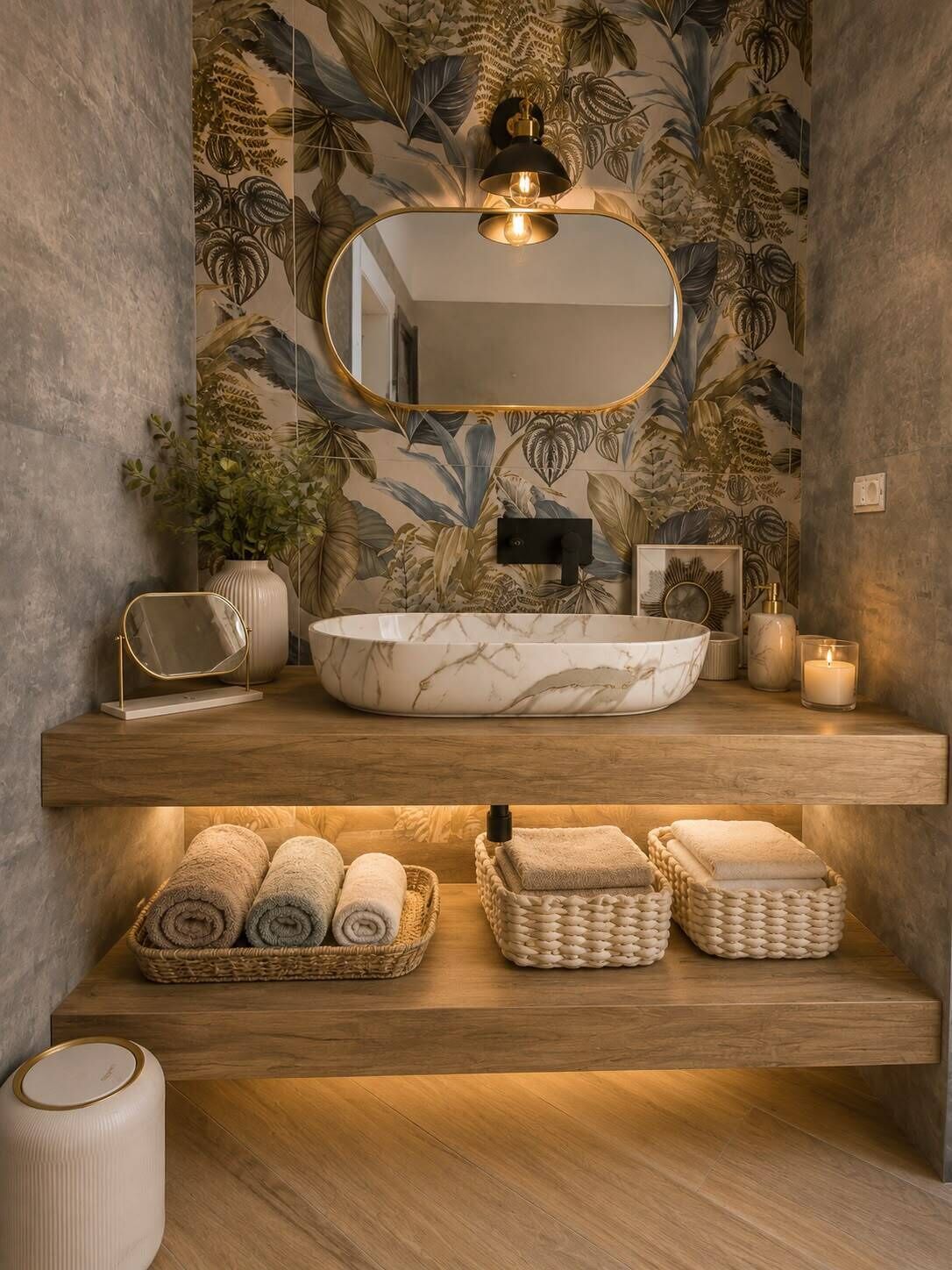 Un baño con un espejo grande, un lavamanos redondo y un mueble de tocador de madera.