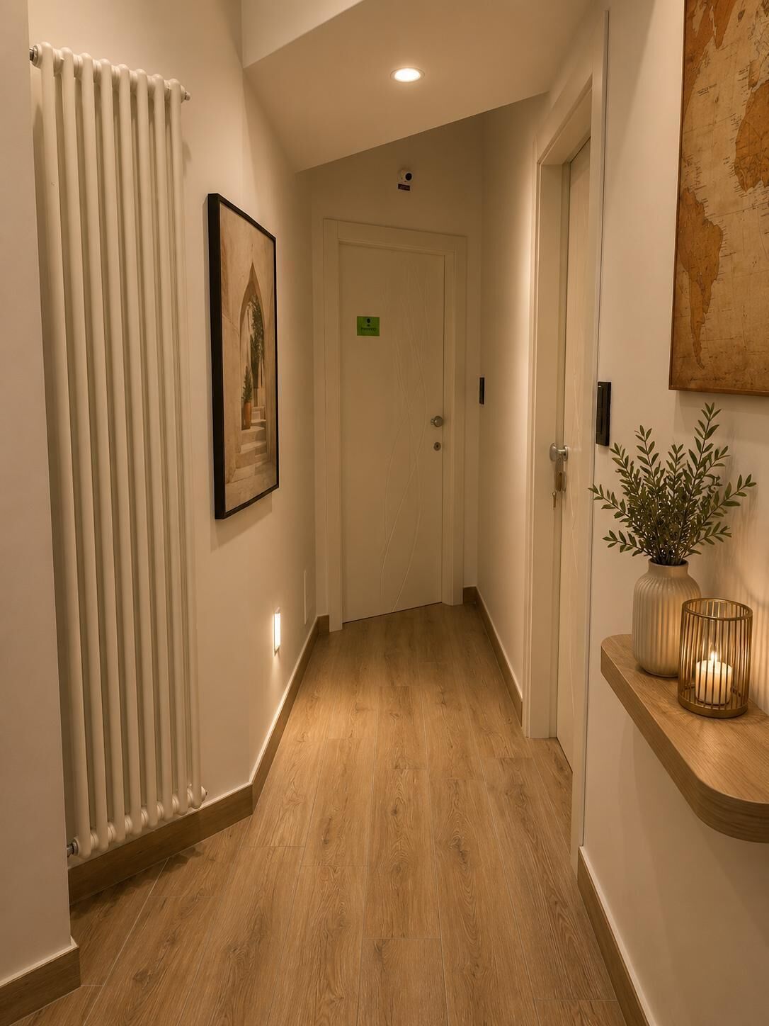 Un pasillo con un radiador, un cuadro enmarcado, una puerta con un letrero y una planta en un estante.