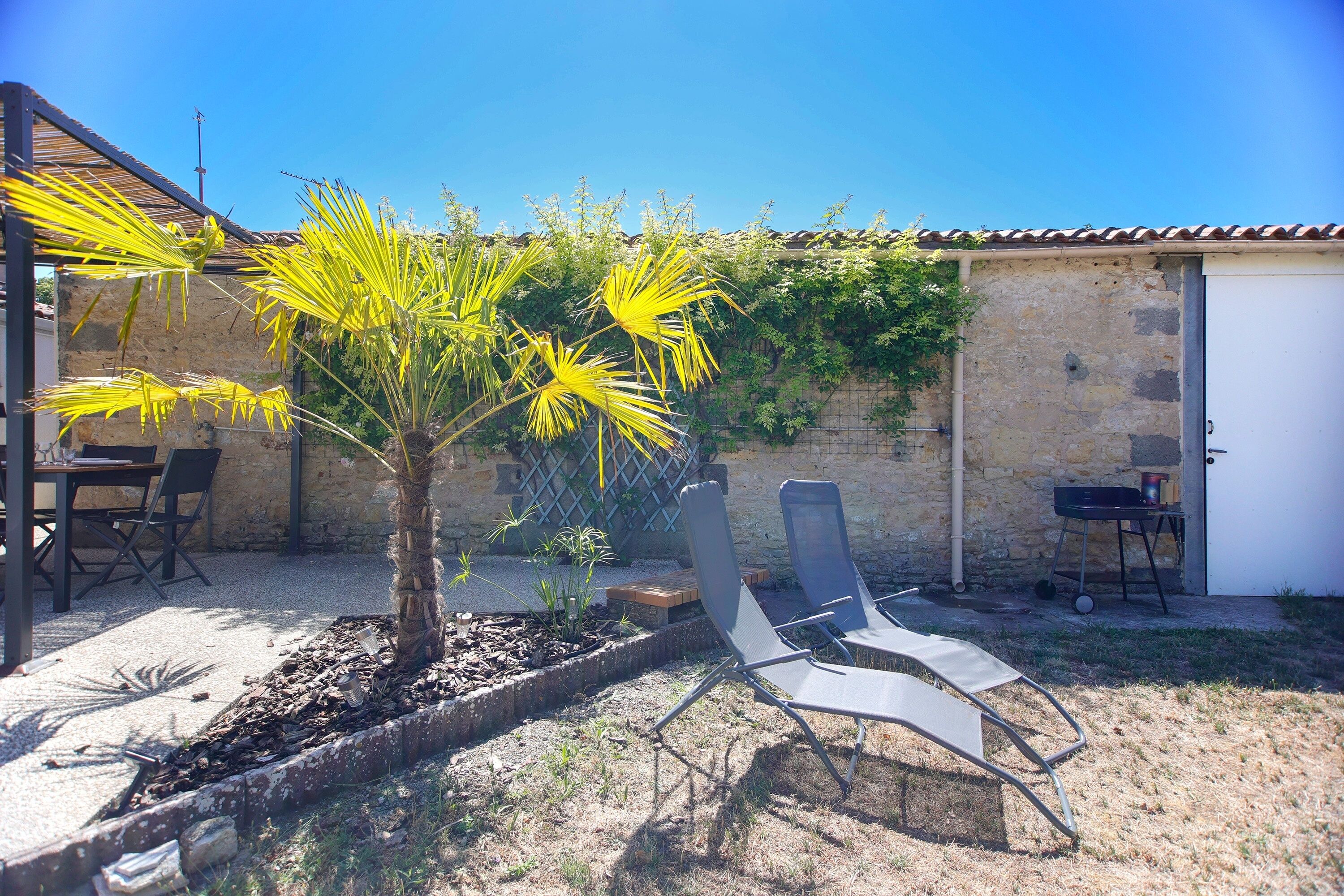 Une terrasse agrémentée d ’un palmier, de deux fauteuils de jardin, d’une table et d’un mur en briques.