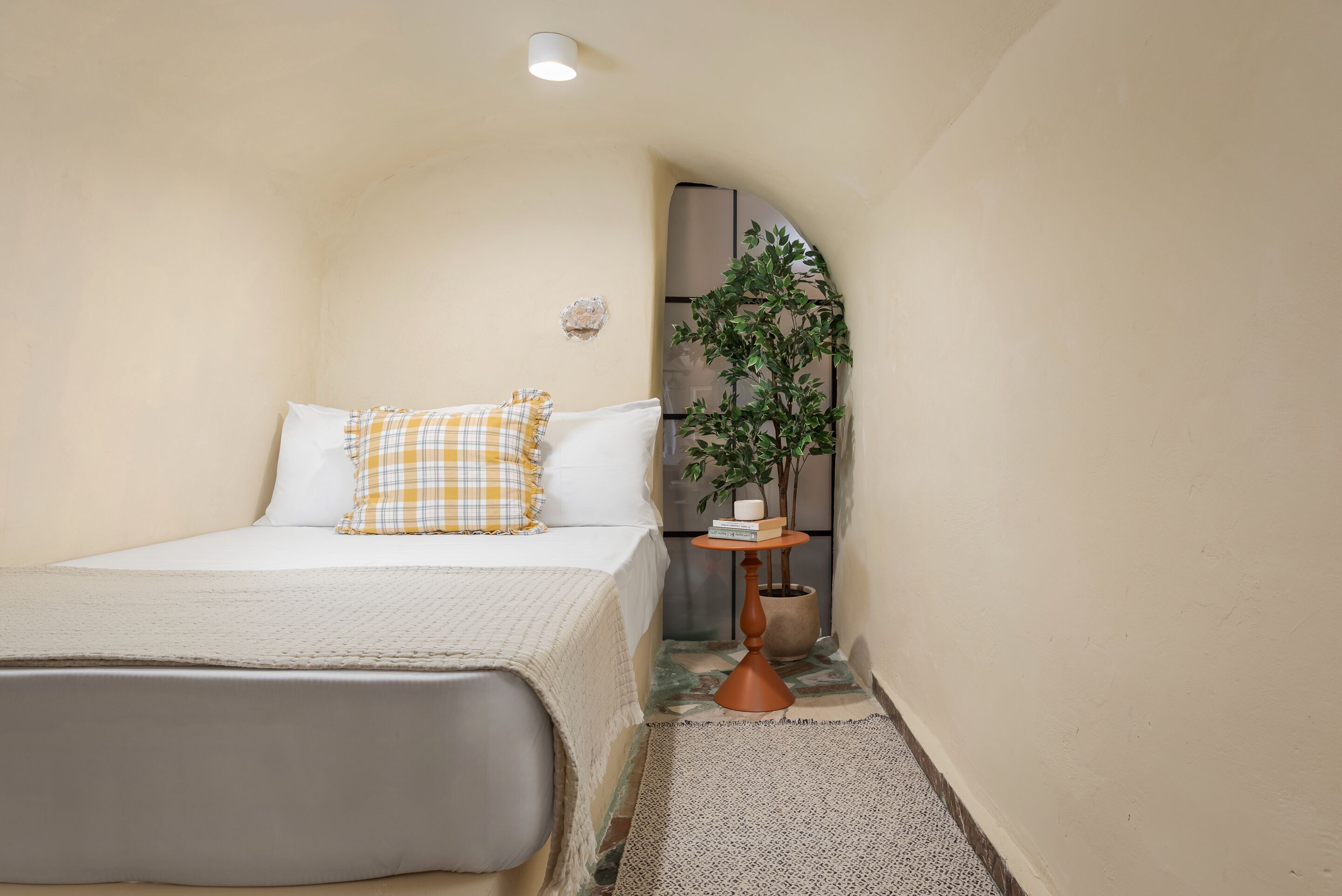 A narrow room with a bed, a small table with a plant, and a wall-mounted shelf.