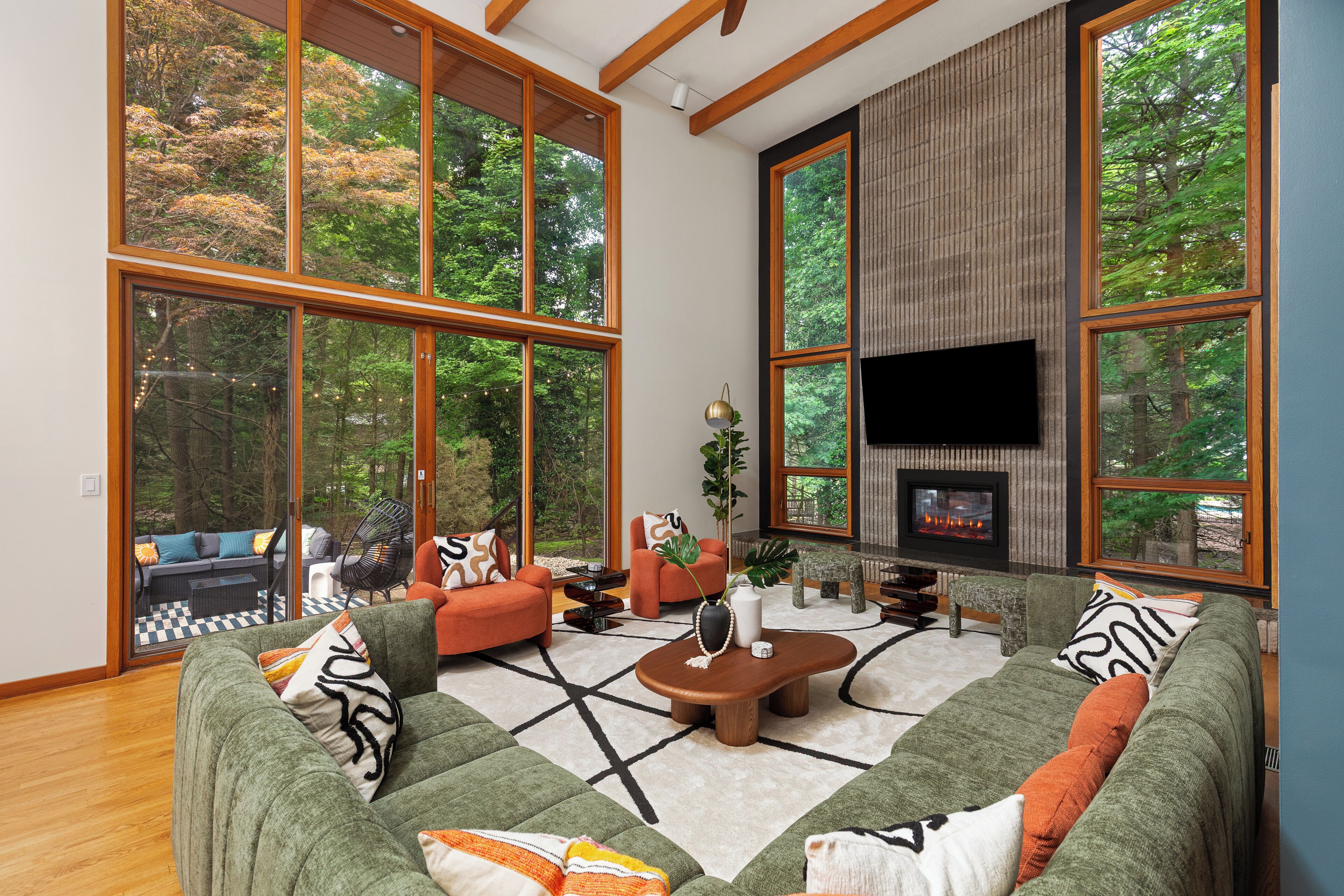 Smart TV, fireplace, video games, foosball