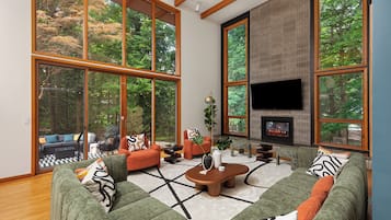 Smart TV, fireplace, video games, foosball