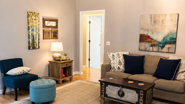 A living room with a sofa, ottoman, coffee table, and a ceiling fan. - Netsled in  Navarre (Navarre)