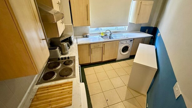 Een functionele keuken met een kookplaat, magnetron, spoelbak en wasmachine.