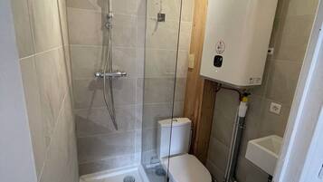 Shower, towels, toilet paper