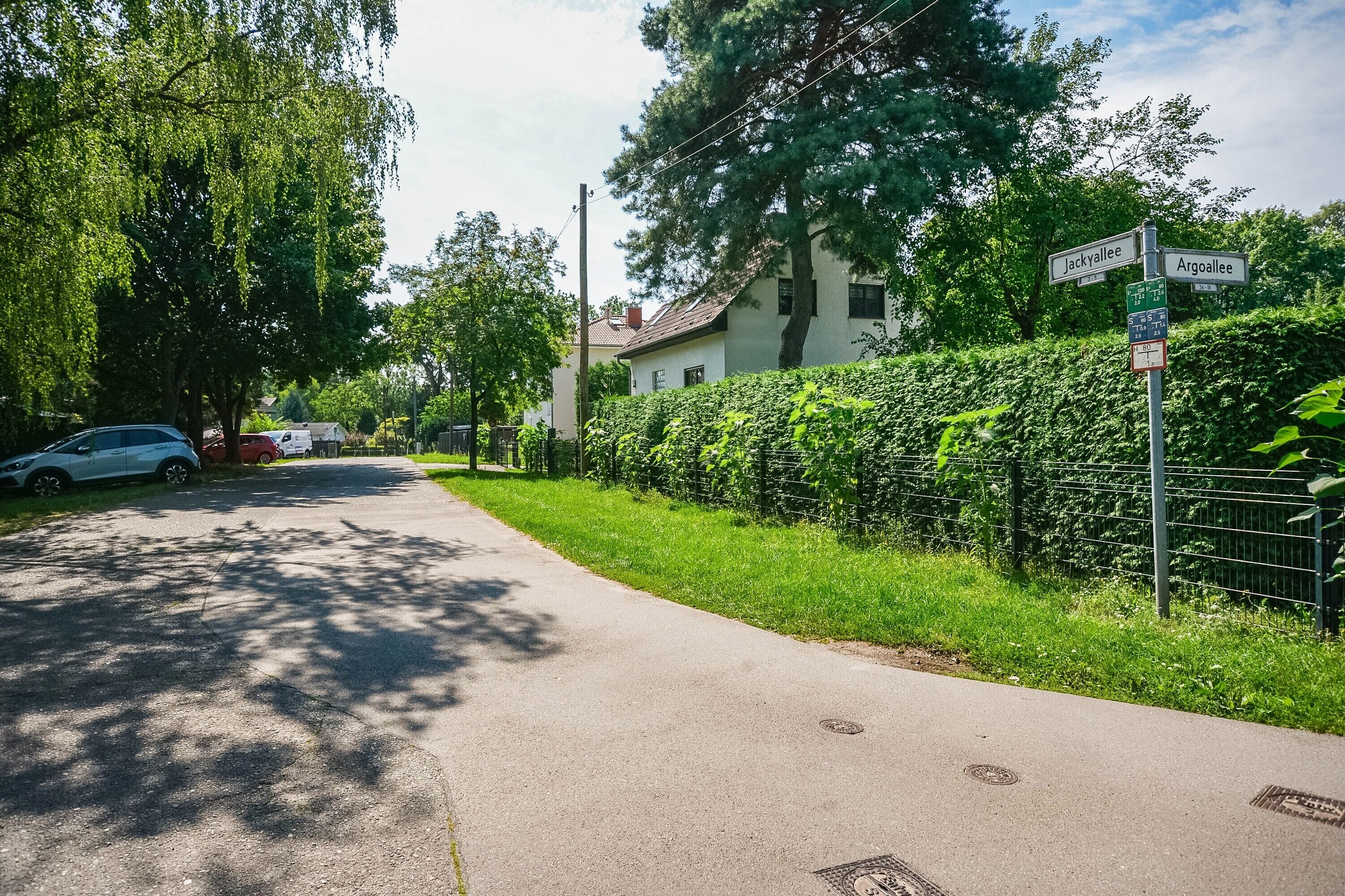 A residential street with a sidewalk, parked cars, and a house with a visible garage. Street signs indicate the names 'Jackyallee' and 'Argoallee.'
