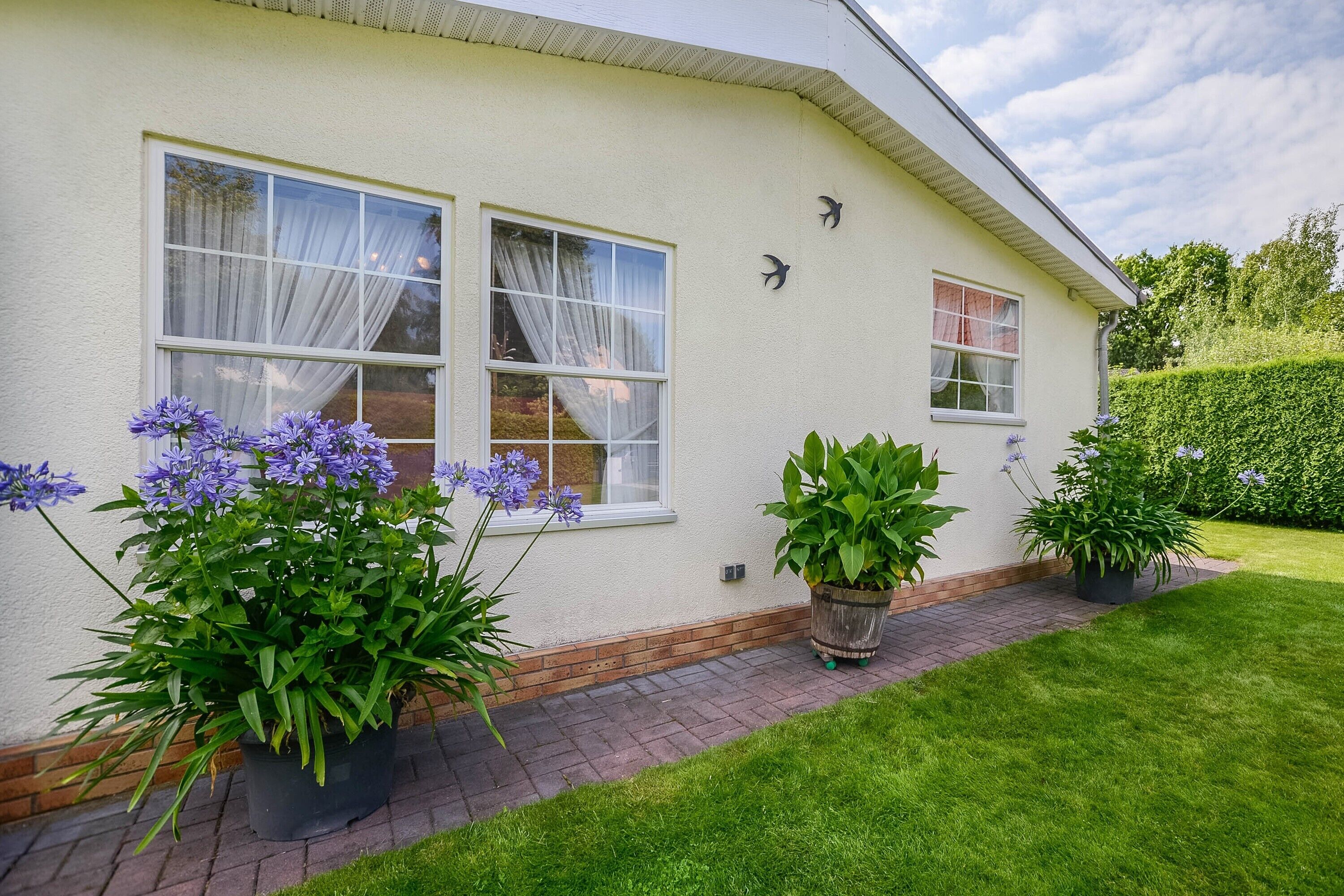 Uma casa com duas janelas, um caminho de tijolos e plantas em vasos.