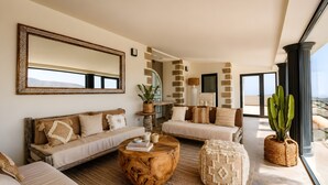 A spacious living room with a large mirror, two sofas, a wooden coffee table, and a potted cactus.