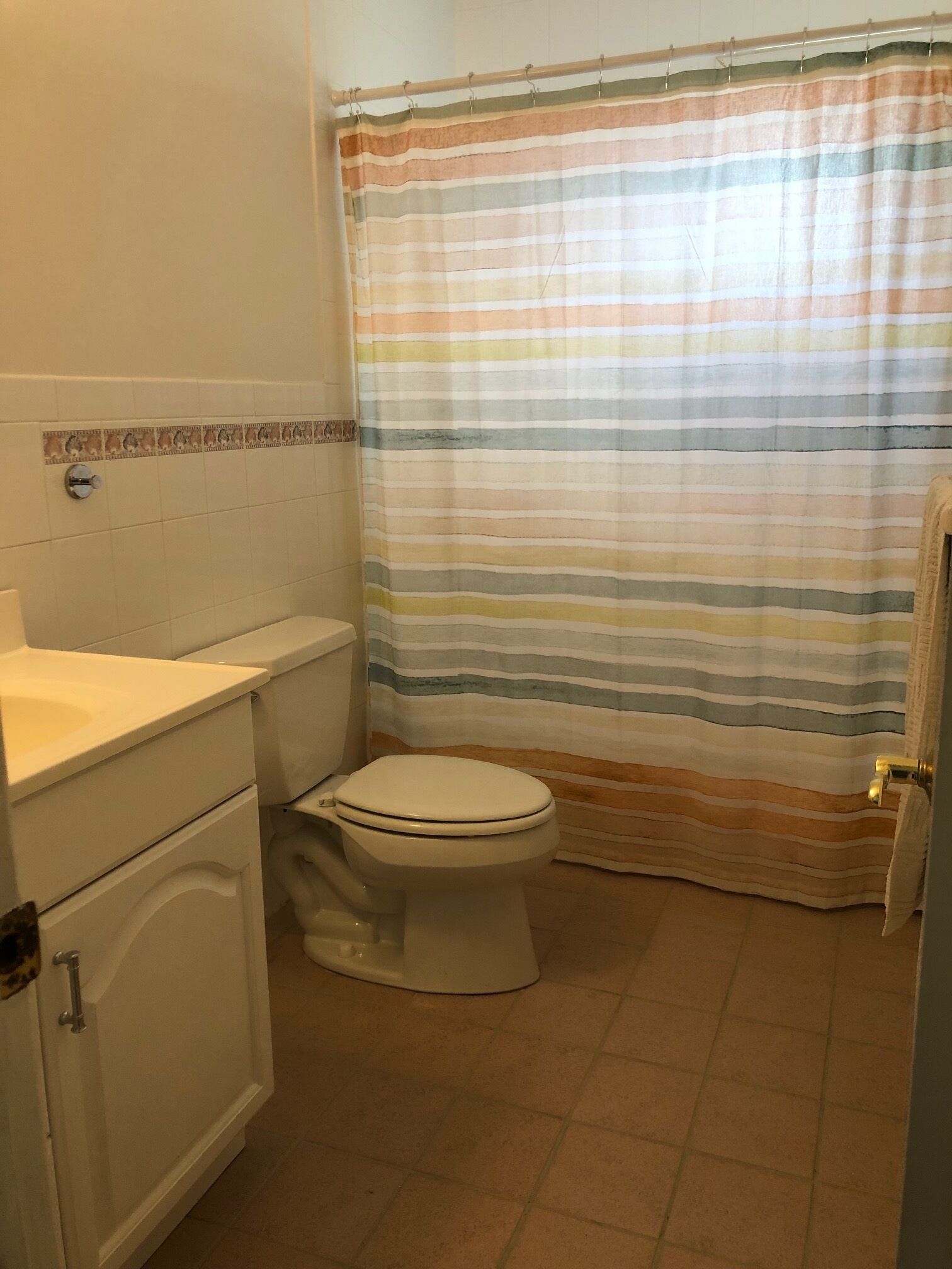 Ein Badezimmer mit Toilette, Waschbecken und einer Duschvorhang.