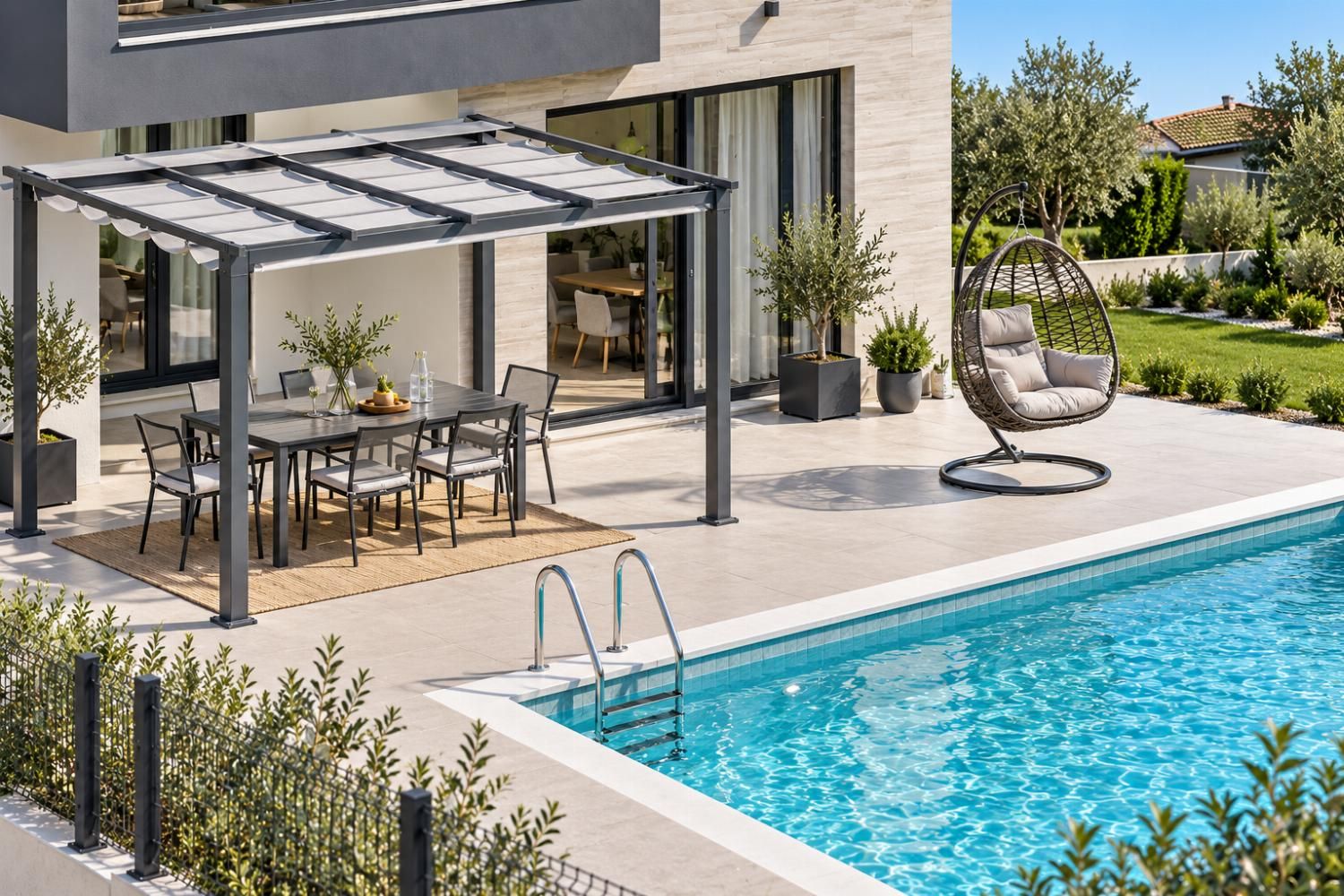 Evening view of the private pool terrace with outdoor dining, lounge seating, and warm villa lighting.